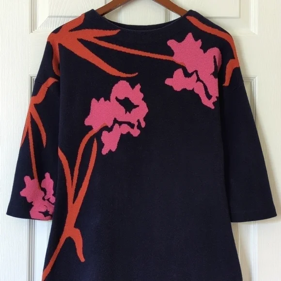 Field Flower Anthropologie Megara Floral Quarter Sleeve Tunic Sweater Navy XS - Picture 2 of 13